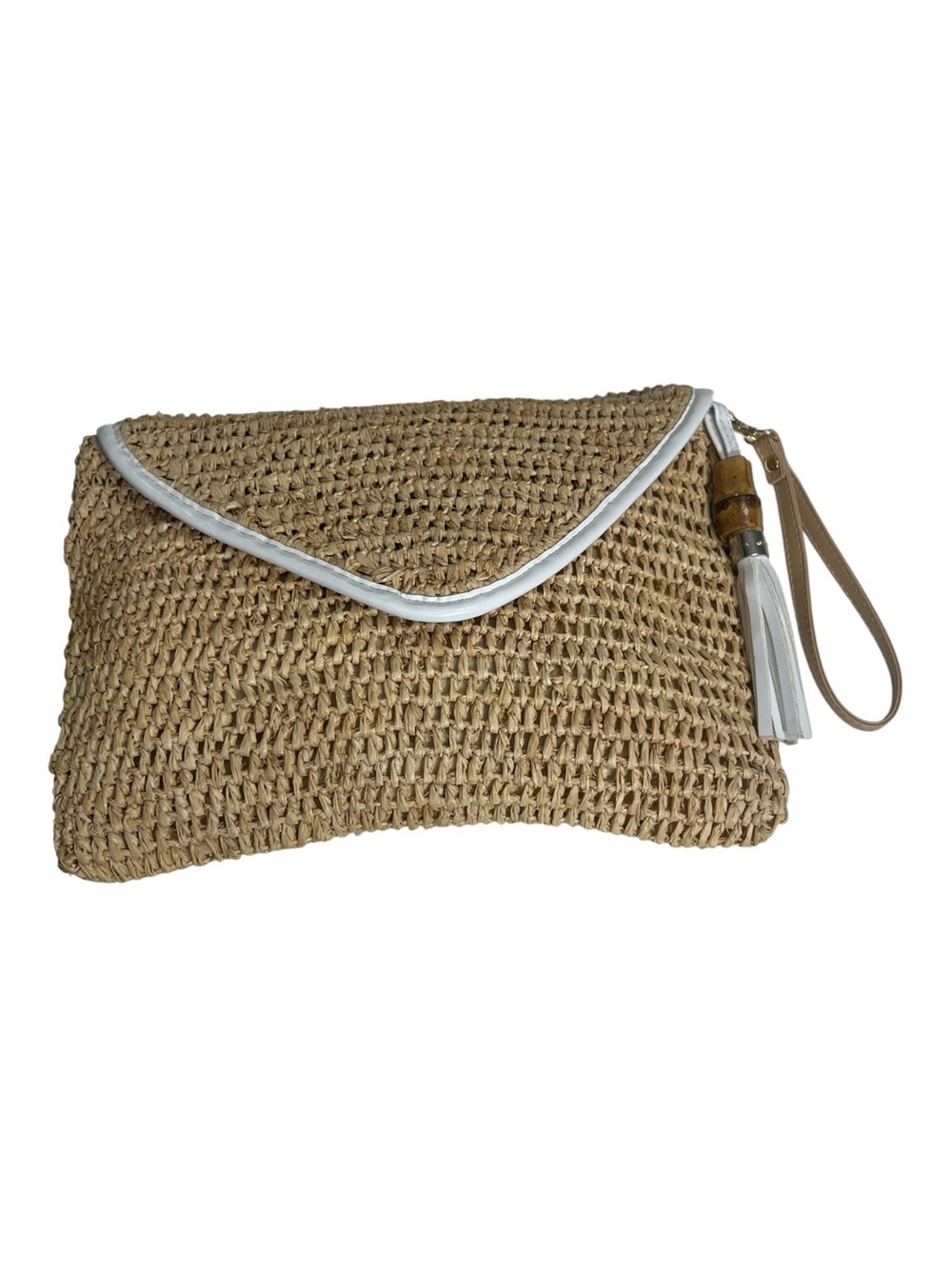 Straw Studio Woven Straw Clutch with White Trim and Tassel Wristlet